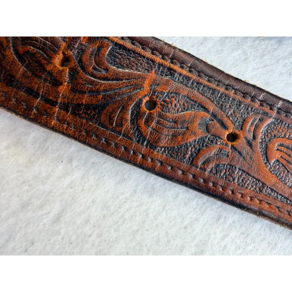 Vintage Mens Brown Tooled Leather Western Belt Strap Floral Scroll 1.5 Inch Wide
